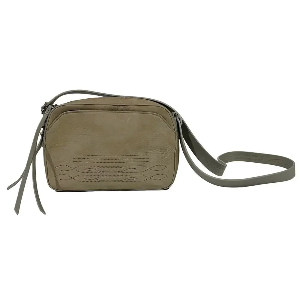 All Saints Crossbody Purse Shoulder Camera Bag Leather Taupe Gray Stitching